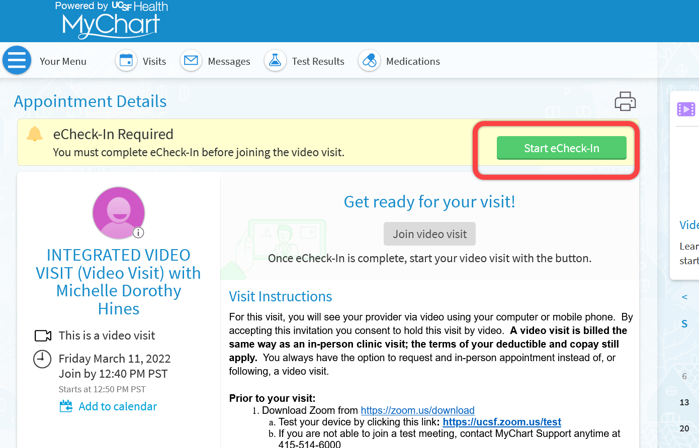 Screenshot of MyChart website with "Start eCheck-in" outlined in red