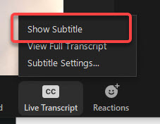 Live transcript Zoom button with Show Subtitle outlined in red