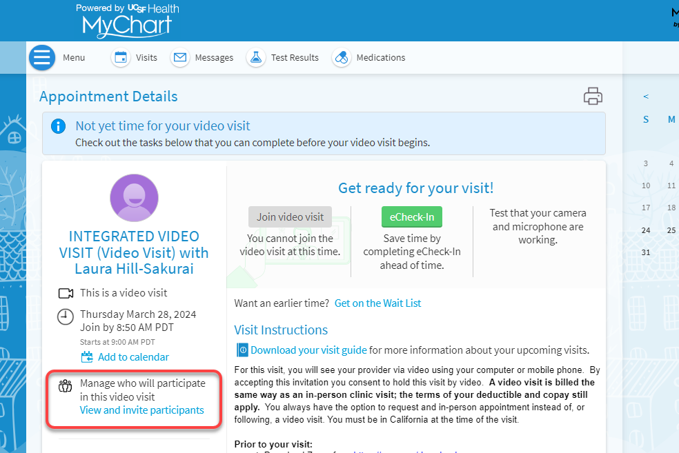 MyChart screenshot with View and Invite Participants Highlighted