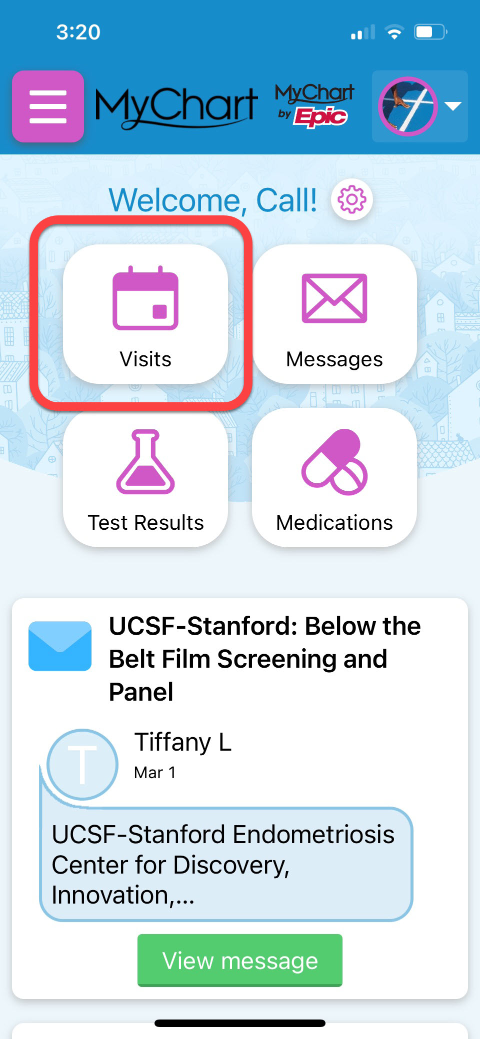 Screenshot of MyChart mobile app with Visits outlined in red