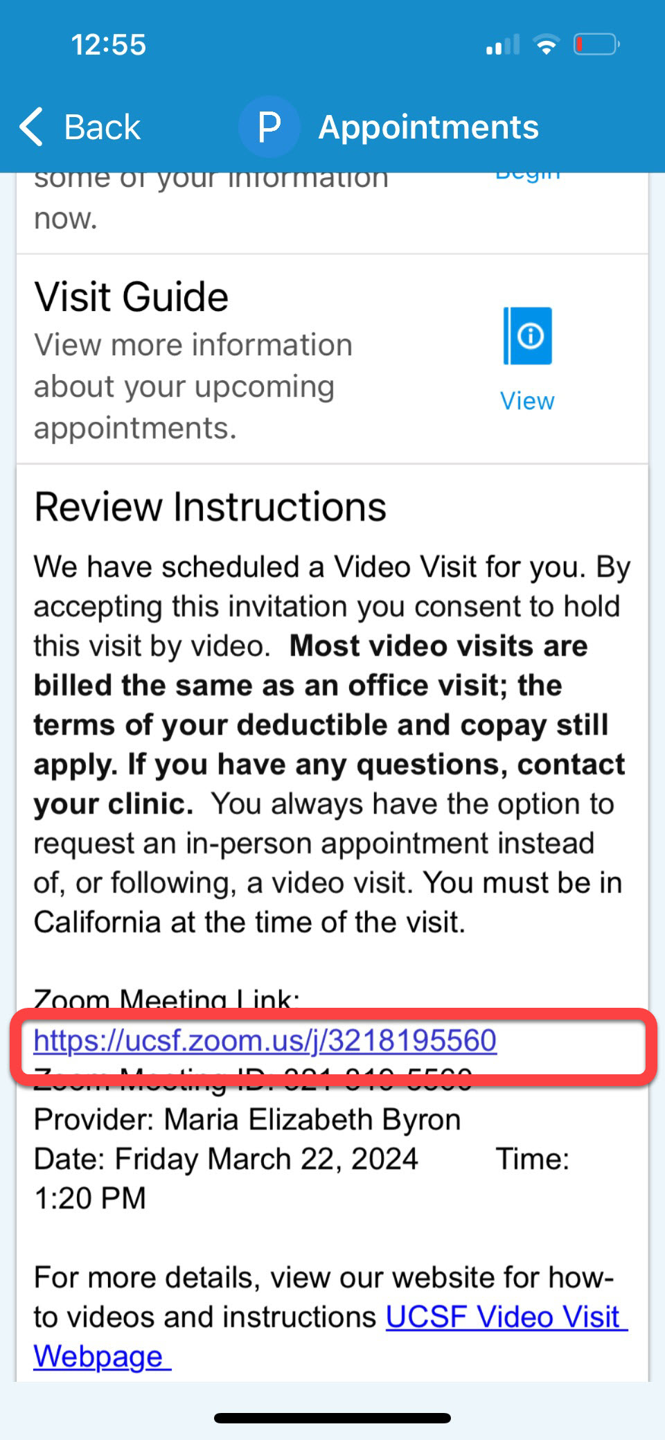 Screenshot of MyChart Mobile app with Zoom meeting link outlined in red