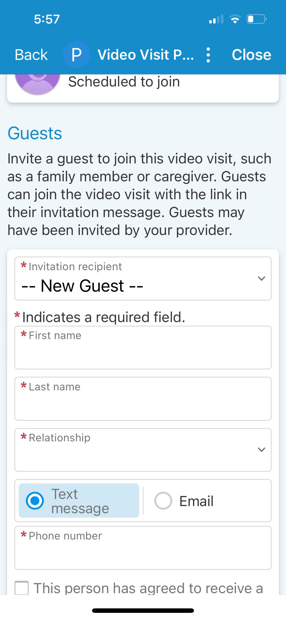 Screenshot of MyChart mobile invite guest details