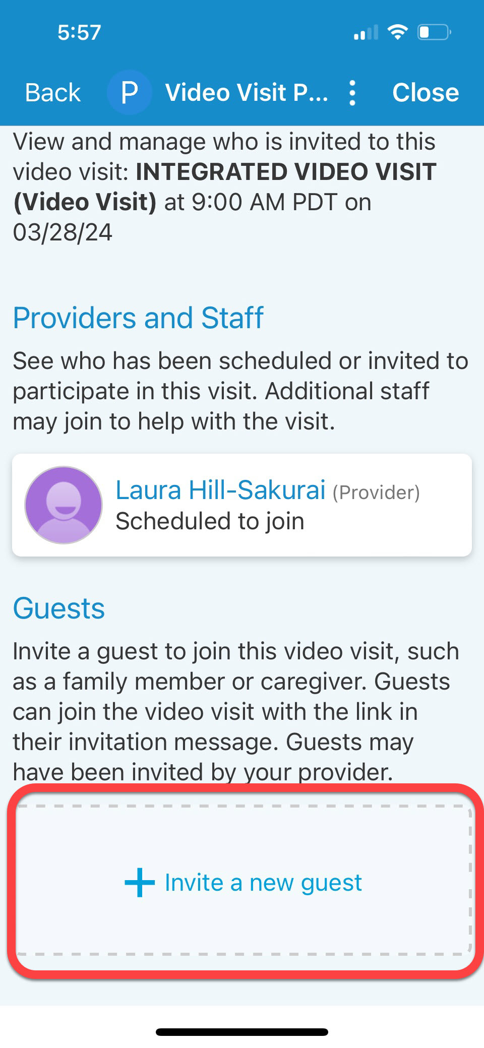 Screenshot of MyChart with Invite a Guest highlighted