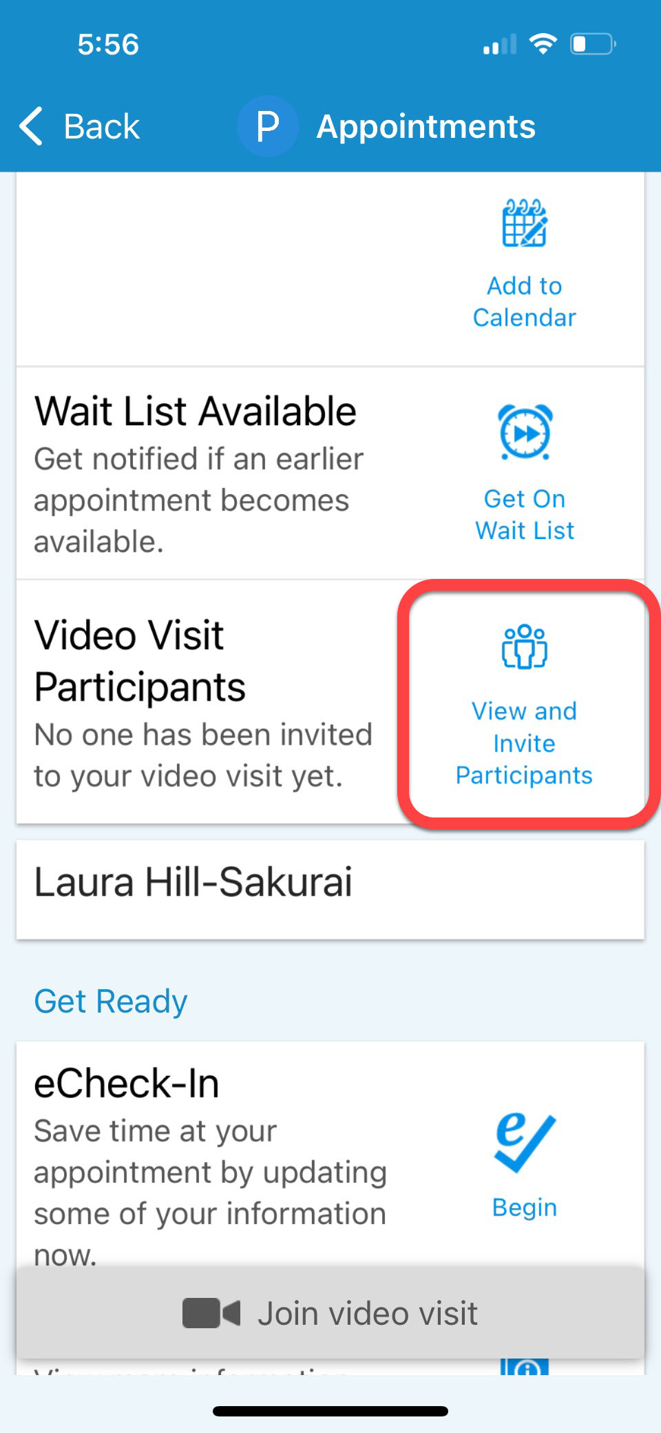 Screenshot from MyChart with View and Invite Participants Outlined
