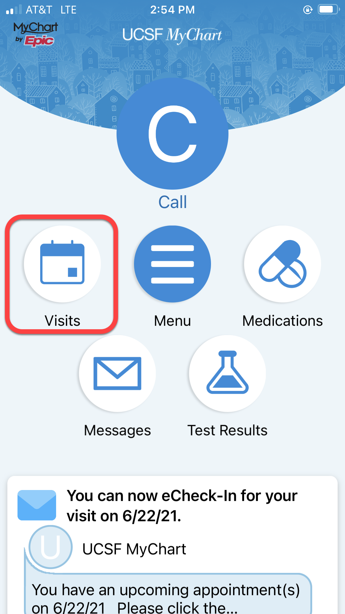 Screenshot of MyChart mobile app with Visits outlined in red