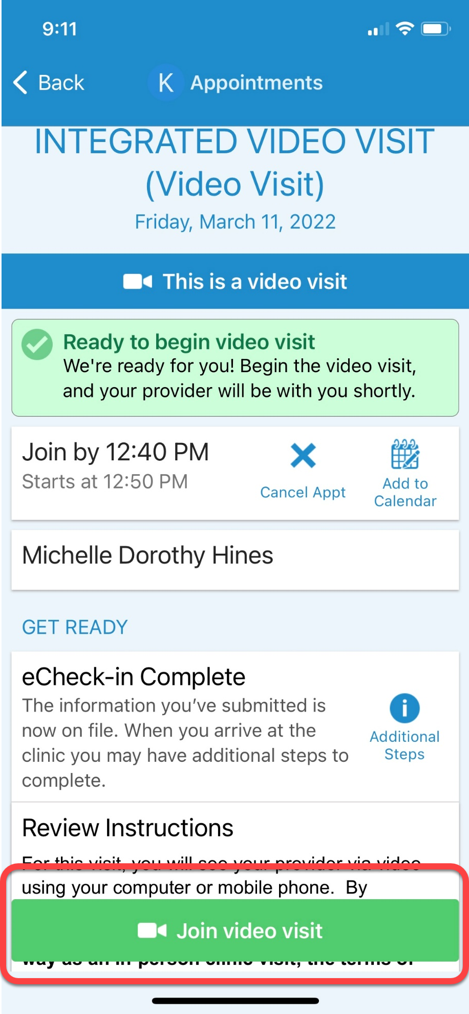 Screenshot of MyChart mobile app with Join Video Visit button outlined in red