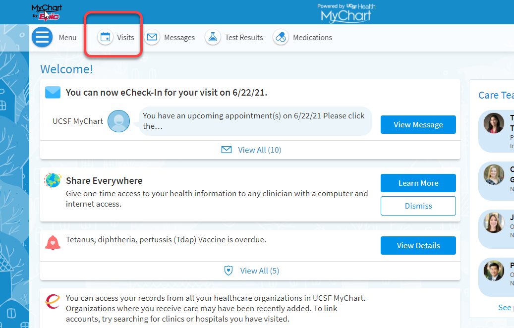 UCSF MyChart with Visits outlined in red