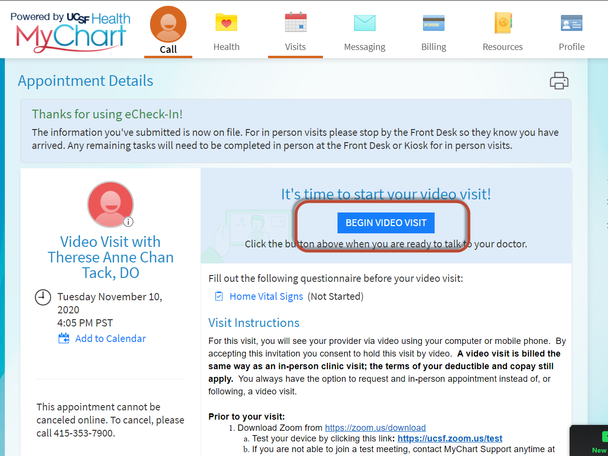 Image of MyChart patient appointment detail, with red outline around the blue Begin Video Visit button