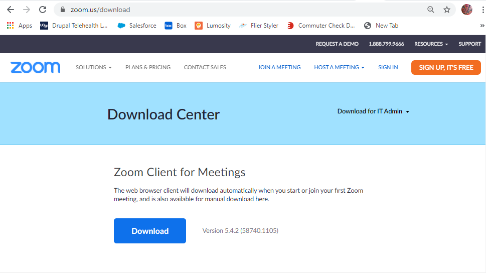 Screenshot of homepage at https://zoom.us/download, with a blue Download button under Zoom Client for Meetings.