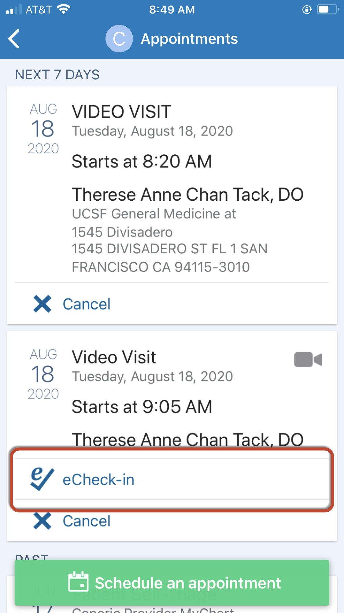 Screenshot of MyChart mobile, with eCheck-in button outlined in red