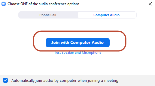 Image of Zoom audio choice window with a red outline around the blue Join with Computer Audio button