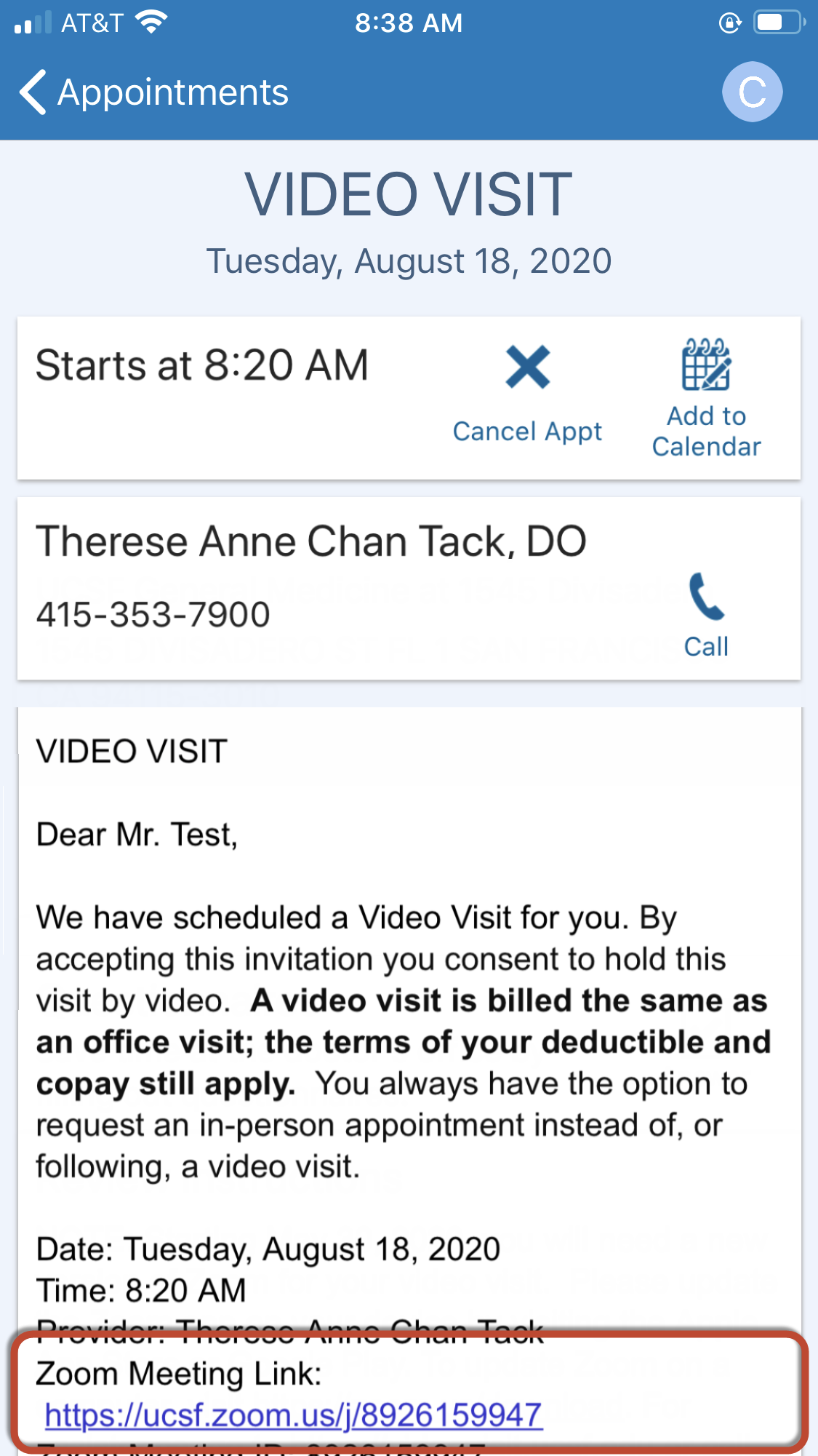 Screenshot of MyChart Mobile app with Zoom meeting link outlined in red