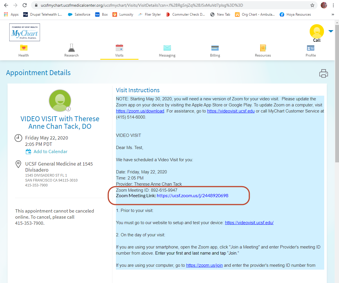 Image of MyChart patient appointment details, with red outline around the Zoom Meeting Link. 